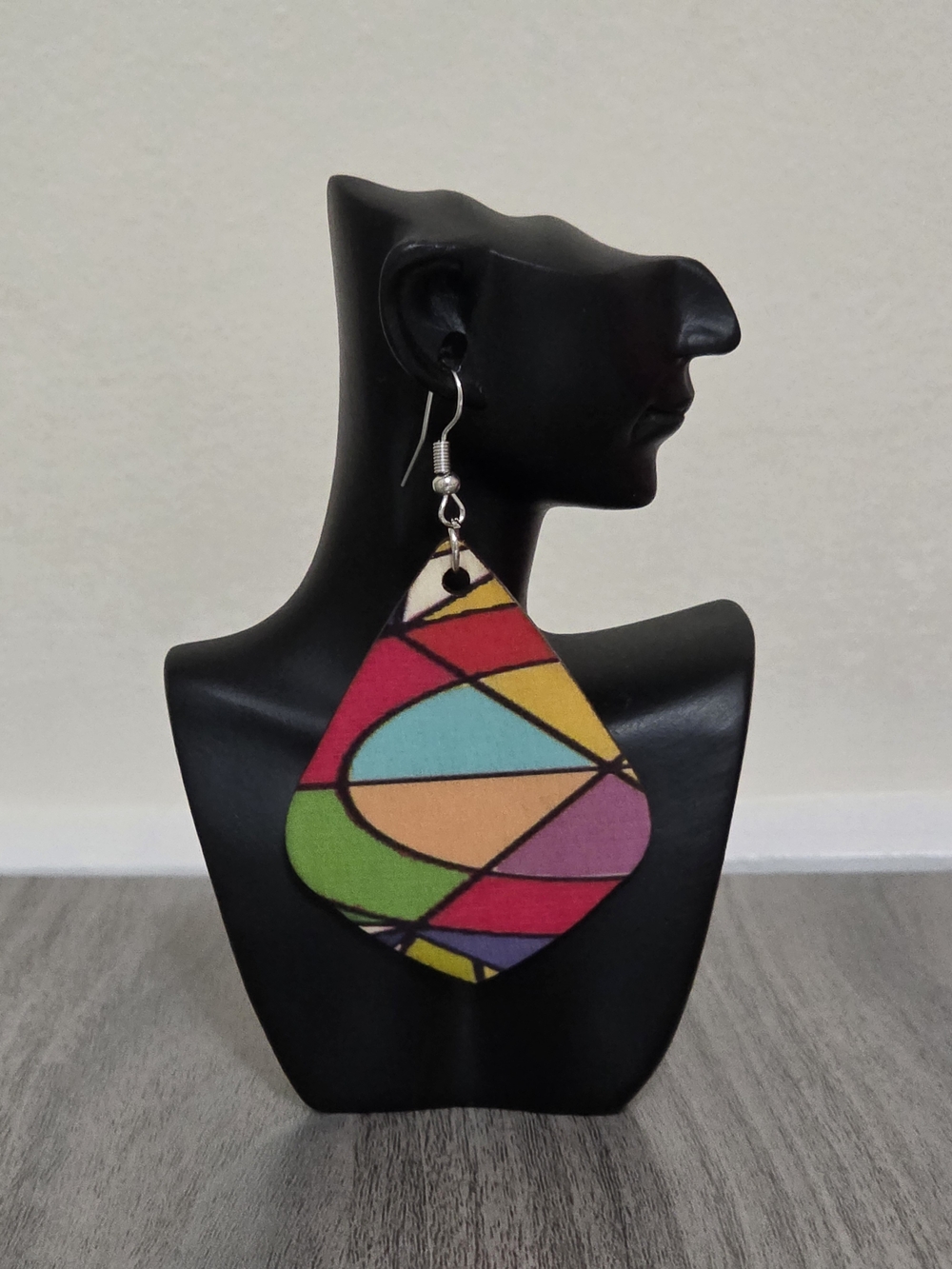 Brand new, colorful geometric abstract wood teardrop dangle earrings!